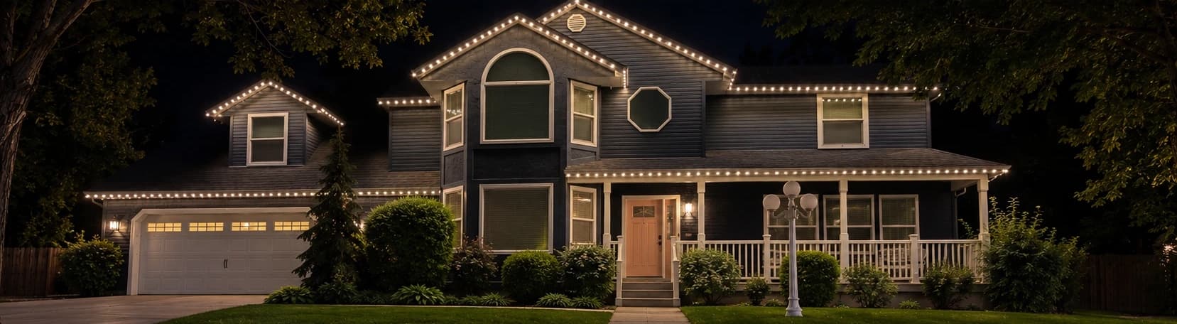 The same home at night with warm white permanent holiday lights along every roofline